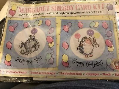 Cross Stitch Kit & Chart- Margaret Sherry Hedgehog & CaT Birthday  Cards Makes 2 • £5.25