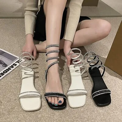 Women Slip On Flat Ankle Strap Rhinestone Sandals Square Toe Fashion Shoes Roman • $29.78