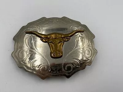 Vintage Nickel Silver Belt Buckle Gold Toned Steer • $25.49