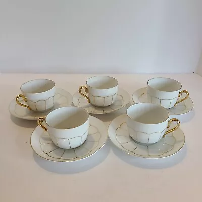 Victoria Czechoslovakia China Demitasse Cups & Saucers White Gold Set Of 5 • $39.99