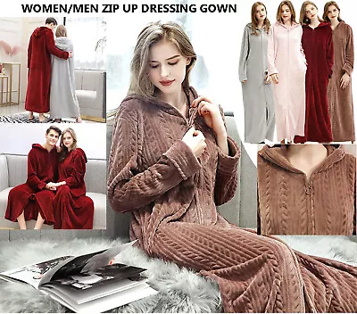 Ladies Zip Up Dressing Gown Hooded Bath Robe Warm Soft Womens Fleece Long Robes • £25.59