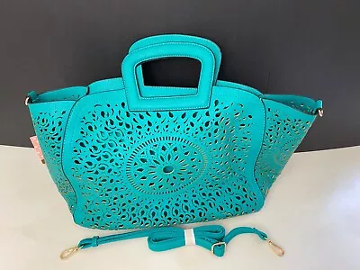 Melie Bianco Turquoise Vegan Leather Laser Cut Oversized Tote-jhandbag • $69