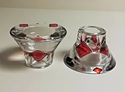 Set Of 2 Vintage Hand Painted Glass 2 Way Candle Tealight Holders Red Clear Y99 • £14.95