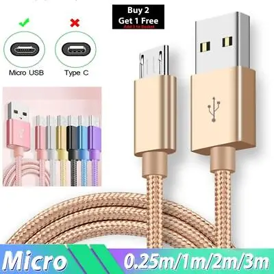 2M 3M Braided Micro USB Data Sync Charger Cable Lead For Samsung Android Phones • £2.69