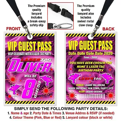 LASER TAG / QUEST PARTY LANYARD VIP PASS Birthday Invitation Blue Red Or Pink • £1.95