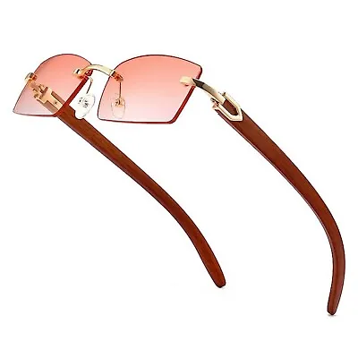 Gold Frame Rimless Woodgrain Mens Women's Pink Tinted 90's Hip Hop Sunglasses • $11.99