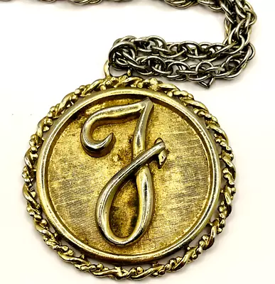 Vintage Coro Fashion Necklace Initial F Pendant Signed Gold Tone Medallion • $22.99