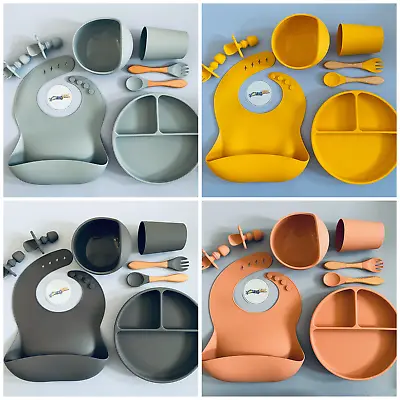 BABY TODDLER WEANING SET SILICONE BIB SUCTION BOWL PLATE SPOON CUP FEED - 9 Pcs • £16.99