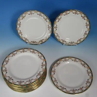 J Pouyat Limoges France - Red Ribbons Bows - 12 Salad Plates - 8¾ Inches POY113 • $50