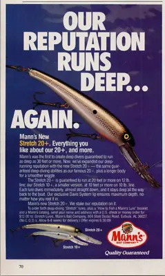 1989 Mann's Stretch 20 + Fishing Lure Print Ad Old Fishing Lures  • $15.49