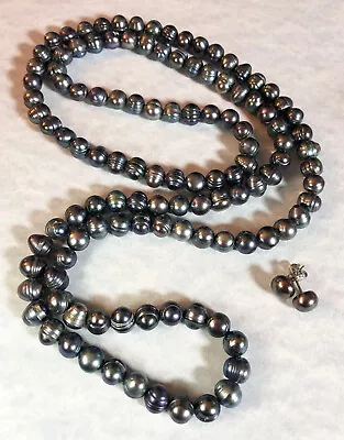 Black Peacock Pearl Necklace Tahitian? Baroque Strand 36  +FW Earrings 925 5071 • $9.49