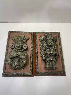 2 Vtg Original Zarebski Mayan Aztec Crushed Malachite Wall Art Wood Plaque 5x6  • $29.99