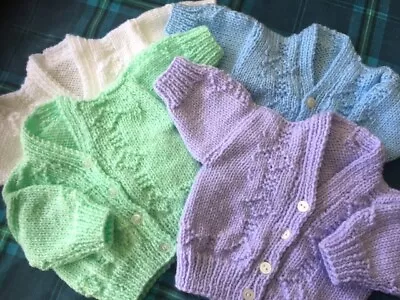 BABY’S HAND-KNITTED Blue Green White Lilac CARDIGAN TO FIT AGE 0-3M APPROX. • £5.50