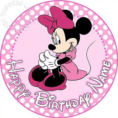 EDIBLE Minnie Mouse Pink Birthday Cake Topper Wafer Paper Round 7.5  (uncut) • $10.99