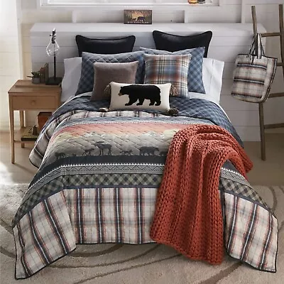 Donna Sharp Morning Path Lodge Cozy Cabin Bear Moose KING 3-Pc Quilt Set & Throw • $97.95