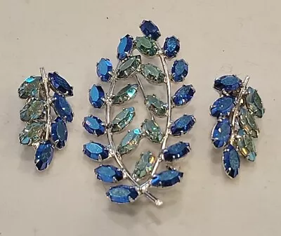 Beautiful B. David Signed Blue A.b. Rhinestone Brooch & Earrings Set • $19.95