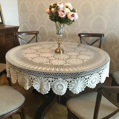 60  Vintage Hand Crochet Lace Round Tablecloth Dining Table Cover Wedding Party • $59.99