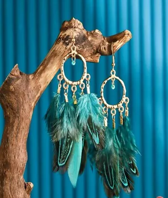 Super Cool Vintage Boho Bronze And Turquoise Feather Earrings • £3.91