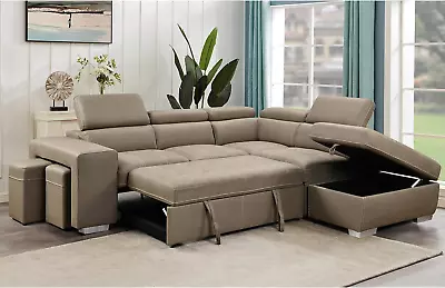 Microfiber Sectional Sleeper Sofa: Pull Out Bed Storage Chaise Ottoman Brown • $1878.94