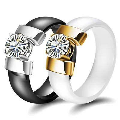 6mm Cream Ceramic Simple Black/White Cubic Zircon Statement Ring Couple Gift • $8.99