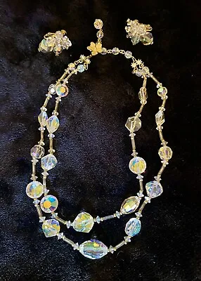 Vtg Vendome Crystal Jewelry Set 2 Tier Necklace Clip On Earrings Signed Clear AB • $45.99