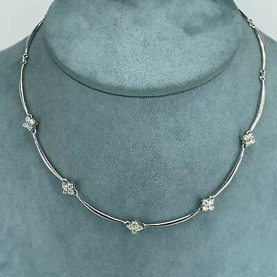 £10 • Buy M&S Silver Tone Necklace CZ Crystal Flower Scallop ￼bar Link Choker Collar 16”