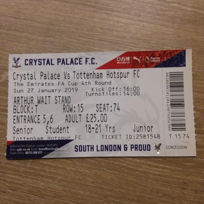 £2.99 • Buy Ticket 2018/19 Crystal Palace V Tottenham Spurs (FA Cup)
