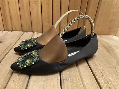 MANOLO BLAHNIK HANGISI Jeweled Black Women's Flats Size EUR 38 /USA 8 / UK 5 • $200