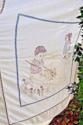 Vintage Blanket Flat Sheet Blanke Cotton Handmade Embroidered For Baby   84 X 70 • $24.99