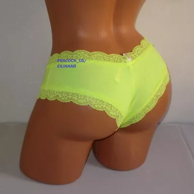 PINK Victoria Secret Cotton Cheekster Panty S M  Neon Yellow Lace Trim • $12.95