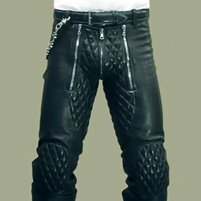 Men's Real Black Cowhide Leather Pant Quilted Bluf Biker Pants Jeans Trousers • $129.99