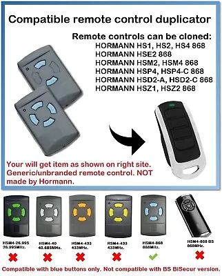 £11.70 • Buy Remote Control Duplicator For Hormann HSM2-868, HSM4-868 (BLUE Buttons ONLY!!!)