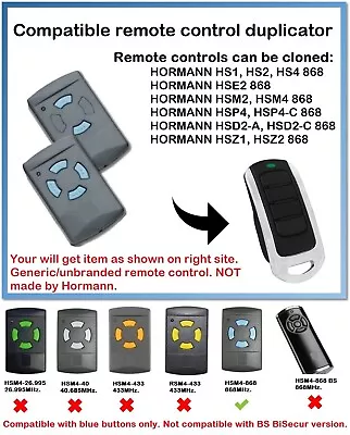 Remote Control Duplicator For Hormann HSM2-868 HSM4-868 (BLUE Buttons ONLY!!!) • £11.99