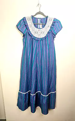 Vintage Liberty House Hawaii MuuMuu Dress 10 Prairie Lace Kaftan Purple Green • £96.50