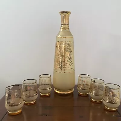 Vintage Bohemia Amber Glass Decanter Six Glasses - Gold Flower Trim • $39.95