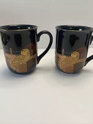 2 Otagiri Owl Mugs Black Gold Japan Vintage Set Coffee Cup Metallic Gold Trim • $24