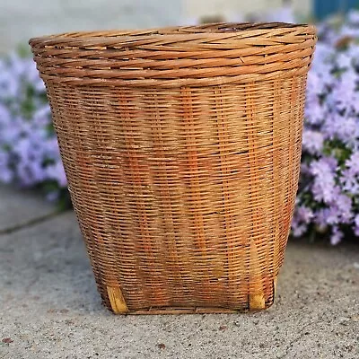 Vintage Hand Woven Split Bamboo Basket 10  Tall Yarn Knitting Waste Boho MCM • $29.99