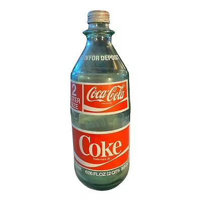 1970s Vintage COCA COLA 2 Liter Green Glass Coke Bottle 67.6 Fl Oz. With CAP • $18.50