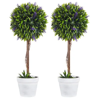 HOMCOM Set Of 2 Potted Artificial Plants Ball Tree With Lavender Flowers 60cm • £35.99