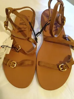 $21.99 • Buy Zara Brown Leather Ankle Strap Flat Sandals. Size 8 NWT