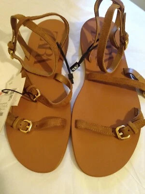 $21.99 • Buy Zara Brown Leather Ankle Strap Flat Sandals. Size 8 NWT