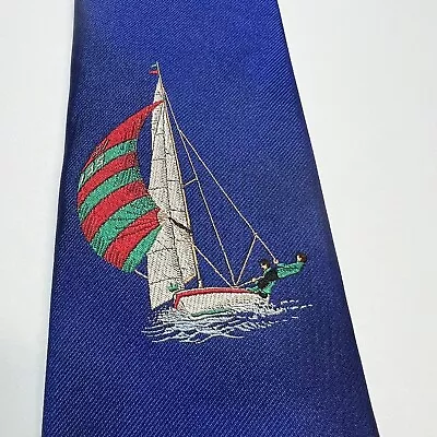 Yacht Club Nautical Necktie Solid Blue W Sailboat Non-Brand 100% Silk 58X3.5 • $12.95