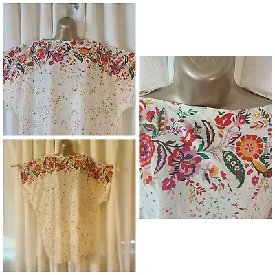 VTG S M LUCIE ANN Shirt Or Mini Caftan Ivory Floral HOSTESS BOHO TOP    • $34.99