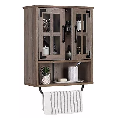  Wood Wall Storage Cabinet With Cross Glass Doors Farmhouse Wall Washed Oak • $130.32