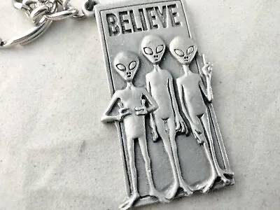 Believe Alien ET UFO Pewter Metal Key Ring Chain - Grey Gray Roswell Aliens • $6.95