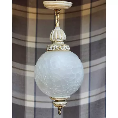 Vintage MOE Light White Frosted Crackle Glass Pendant Light Fixture Mid Century • $212.50