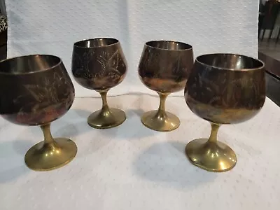 Vintage Solid Brass Wine Goblets Chalice Marked Handmade In India 4  Set Of 4 • $24