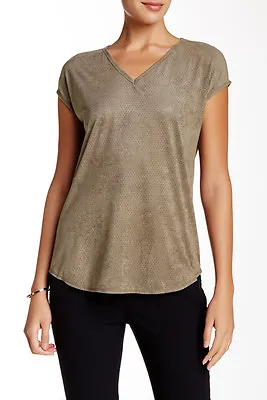 NWT $80 Max Studio Faux Suede Top SizeS Relaxed Beige Camel Perforated Vneck Cap • $19.95