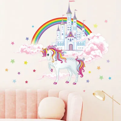 `Rainbow Unicorn Horse Castle Wall Stickers Nursery Room Art Decal Sticker Decor • £6.95