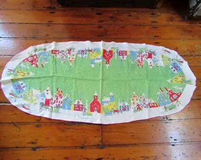 Winter Village VINTAGE Holiday Table Runner White/Green 18x48” Cotton • $26